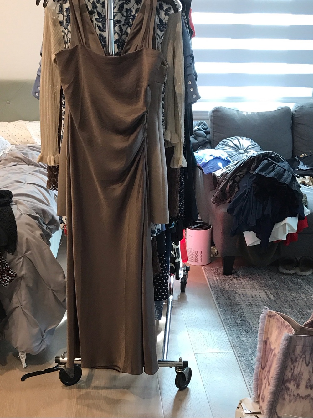 Satin Cowl Neck Maxi Dress in Taupe